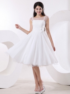 Bateau Knee-length White Short Wedding Dress Hand Made Flowers