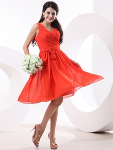 Orange Red V-neck Ruch Knee-length Bridesmaid Dress Belt Chiffon
