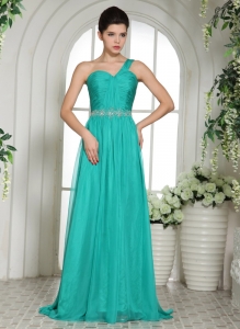 Turquoise One Shoulder Ruched Chiffon Prom/Celebrity Dress Beading
