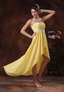 New Style Bright Yellow High-low Prom Dress with Beaded Belt