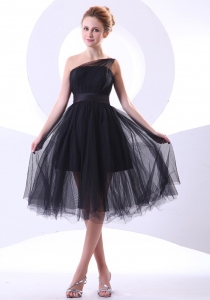Tulle Black One Shoulder A-line Knee-length 2013 Prom Dress