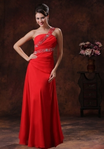 Beaded One Shoulder Red Chiffon Prom Dress Outfits Ruching