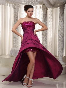 Asymmetrical Red A-line Top Sequined High-low Taffeta Prom Dress