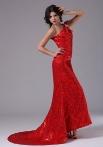Red Sequined One Shoulder Brush Train Prom Dress Zipper-up
