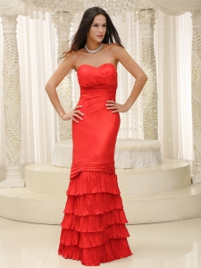 Red Sweetheart Ruched Floor-length Prom Dress Ruffled Layers