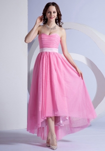 Rose Pink Chiffon High-low Prom Dress Sweetheart Neckline Belt