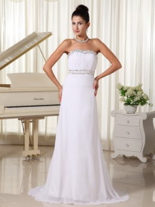 White Prom Gown Beaded Bust and Waist Brush Train Skirt