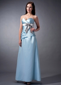 Sweetheart Baby Blue Ankle-length Satin Bridesmaid Dress Bow