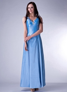 Blue Taffeta Prom Dress Empire V-neck Ankle-length Beading