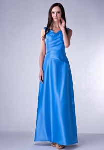 Blue Empire V-neck Ankle-length Taffeta Ruch Prom Dress Long