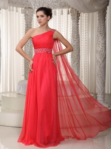 Coral Red Prom Dress One Shoulder Watteau Train Beading