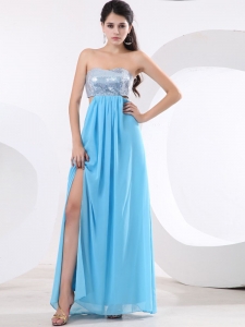 High Slit Chiffon Prom Dress Aqua blue With Sequin Bodice