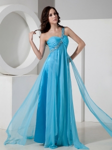 Teal Empire One Shoulder Chiffon Beading Prom Dress for Women