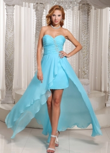 Aque Blue High-low Sweetheart Ruched Prom Dress Beading