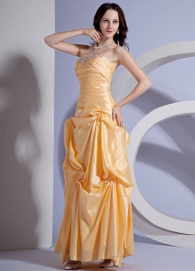 Yellow Pleated Ankle-length Taffeta Prom Dress Appliques