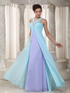 Aqua Blue and Lavender Empire Prom Dress Straps Beading