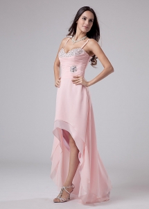 Baby Pink High-low Prom Dress Spaghetti Straps