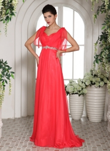 Coral Red Square Beading Ruching Prom Dress