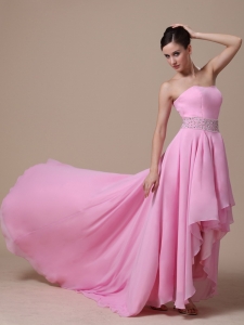 High-low Baby Pink and Beaded Decorate Evening Dress