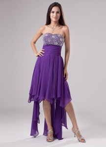Beaded Purple Chiffon Ruching High-low Prom Dress