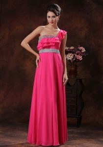 One Shoulder Hot Pink Beaded Prom Dress
