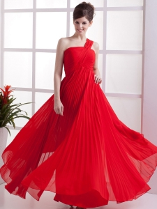 One Shoulder Red Pleated Empire Chiffon Prom Dress