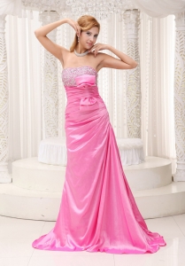 Pink Beaded Bust Ruched Evening Dress