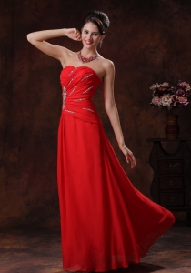 Red Beaded Strapless Chiffon Prom Dress