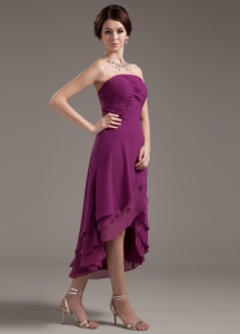 Dark Purple Strapless High-low Prom Dress Ruching