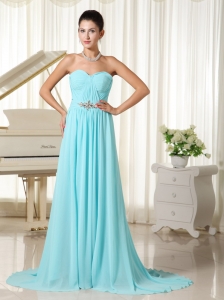 Aqua Blue Ruches Bodice Elegant Prom Dress