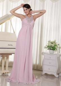 Baby Pink Halter Beaded Prom Dress