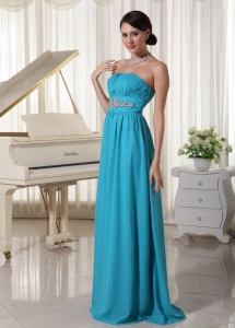 Beaded Decorate Waist Ruched Teal Prom Dress