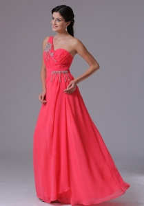 Coral Red One Shoulder Beading Prom Dress