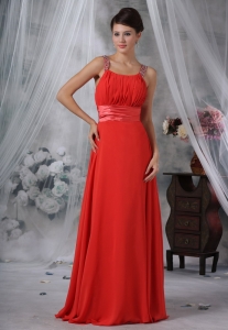 Beaded Decorate Straps Ruched Bodice Red