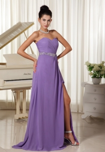 Lilac High Slit With Beaded Prom Gown