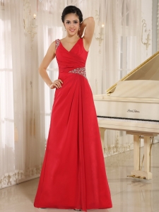 Red Beaded V-neck and Waist Prom Dress