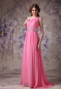 Rose Pink Empire One Shoulder Ruch Beading Prom Dress