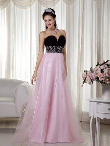Pink and Black A-line Sweetheart Tulle Prom Dress