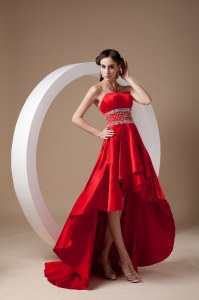 Red Prom Dress Strapless High-low Elastic Wove