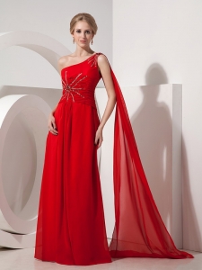 Red Empire One Shoulder Chiffon Beading Prom Dress