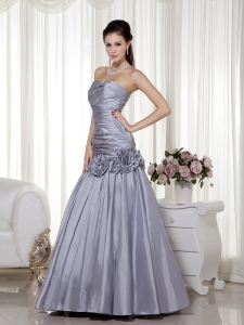 Silver A-line Hand Made Flowers Prom Dress