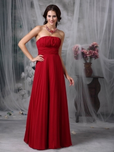 Wine Red Empire Strapless Chiffon Ruch Prom Dress