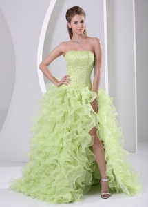 High Slit Prom Dress Ruffled Yellow Green