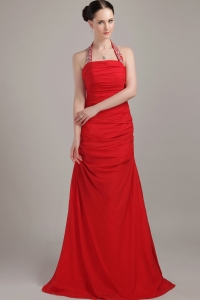 Red Halter Floor-length Chiffon Ruch Prom Dress