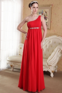 Red Empire One Shoulder Beading Evening Dress