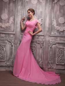 Rose Pink Empire V-neck Beading Evening Dress