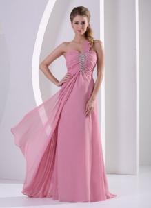 Rose Pink One Shoulder Chiffon Evening Dress