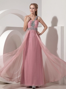 Pink One Shoulder Chiffon Beading Prom Dress