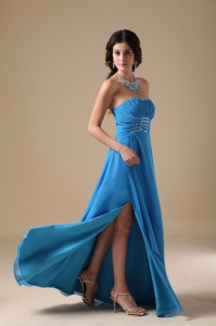 Blue Empire Strapless Beading Prom Dress