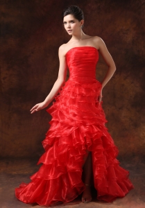 High Slit Red Ruffled Layers Ruched Prom Dress